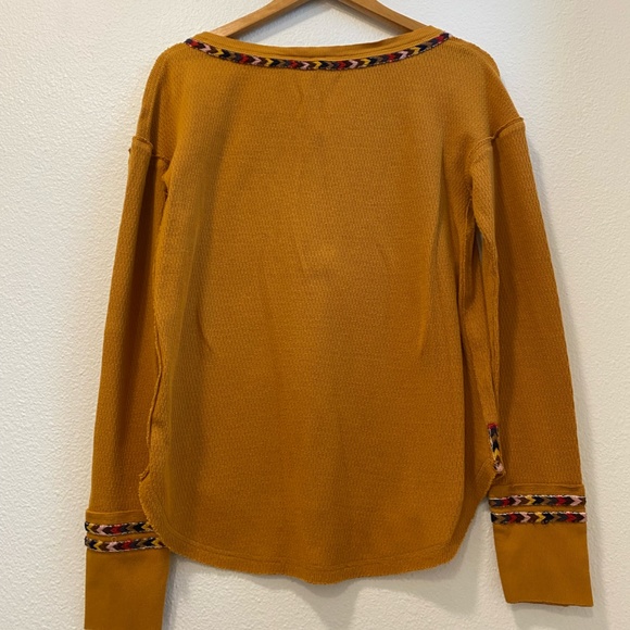 We the Free Mustard Yellow Thermal Waffle Knit with Tribal Colorful Arrows - Picture 2 of 10